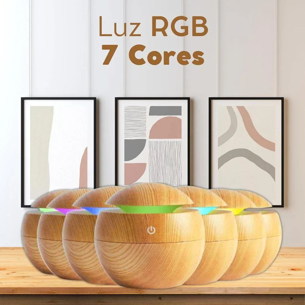 Umidificador Ultrassônico USB Led 7 Cores em Madeira - Portátil