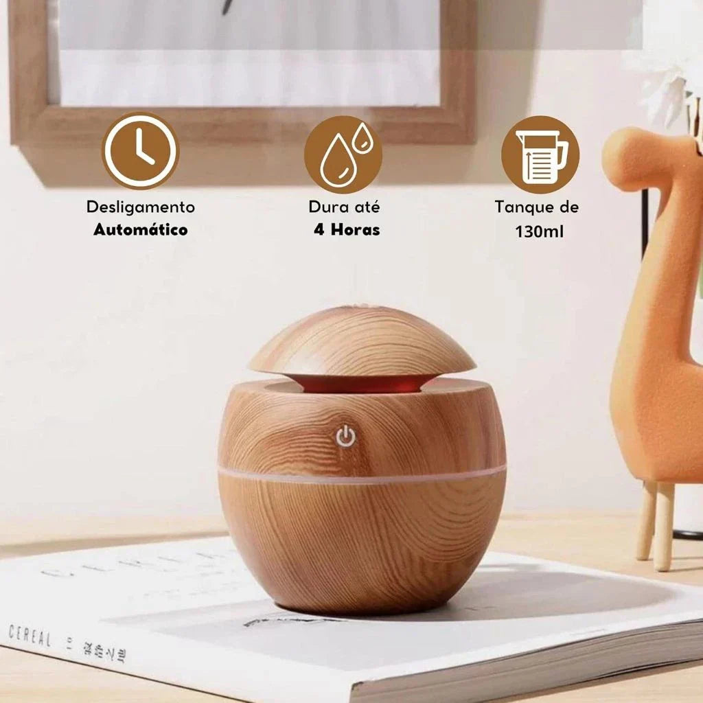 Umidificador Ultrassônico USB Led 7 Cores em Madeira - Portátil