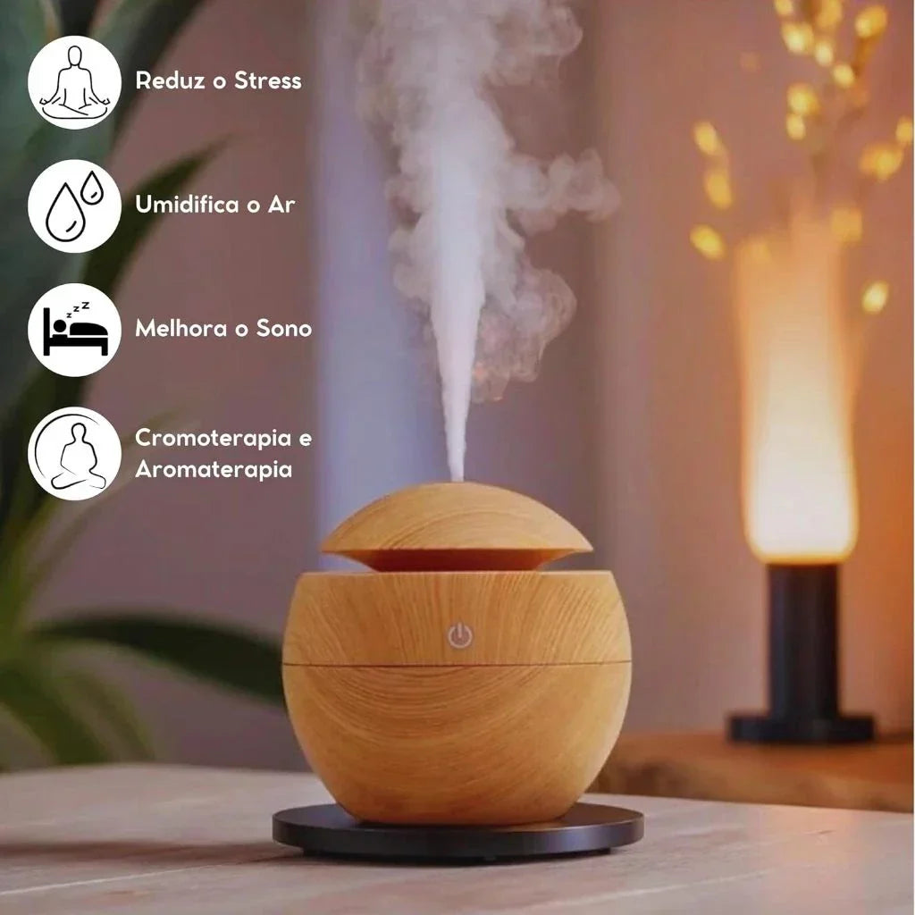 Umidificador Ultrassônico USB Led 7 Cores em Madeira - Portátil
